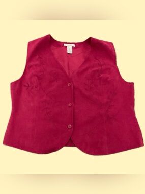 Women’s Red Embroidered Faux Suede Vest, Gilet, Waistcoat—XL, Retro 70’s, 90’s❤️